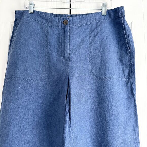 J. Jill Linen Pants Womens Size L Blue Wide Leg Cropped High Rise 100% Linen - Picture 2 of 10
